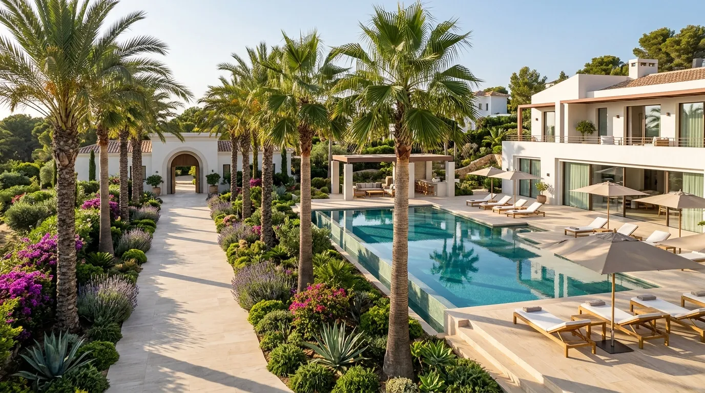 Palm-Lined Pool Walkways