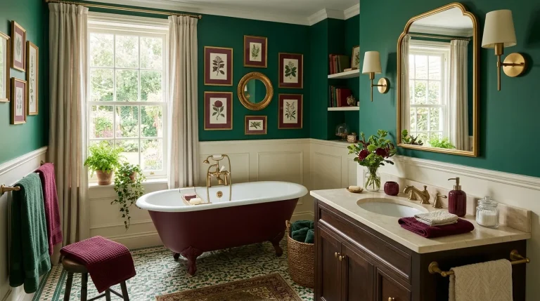 green and burgundy bathroom decor
