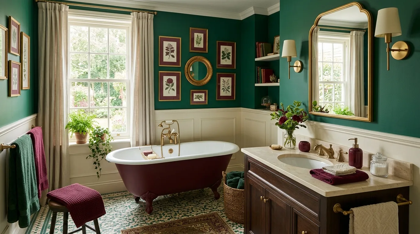 green and burgundy bathroom decor