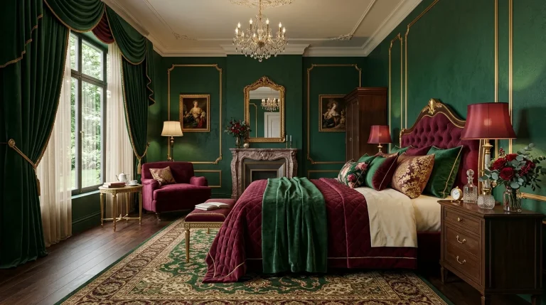 green and burgundy bedroom decor