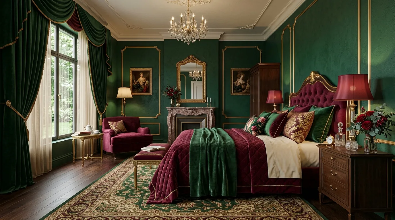 green and burgundy bedroom decor