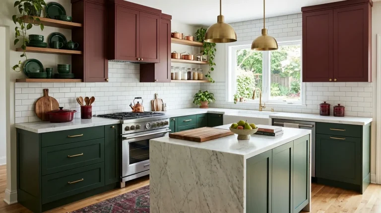 green and burgundy kitchen