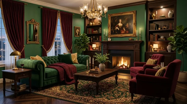 green and burgundy living room decor