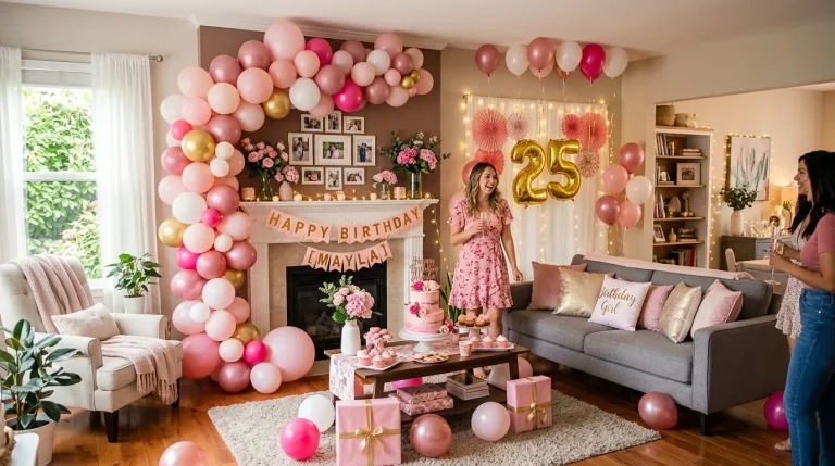 living room birthday decorations pink