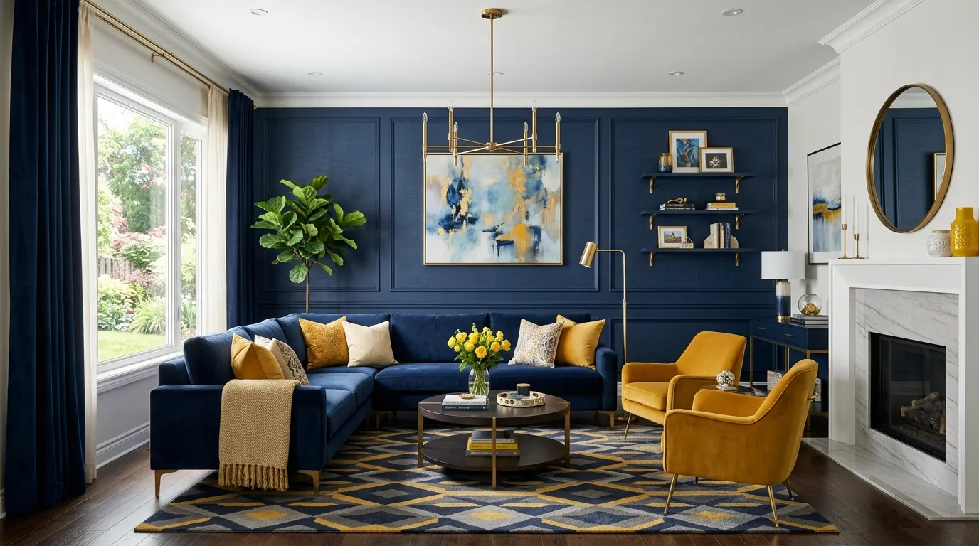 living room design yellow and blue