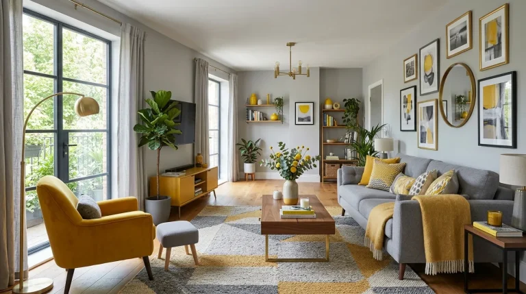 living room design yellow and grey