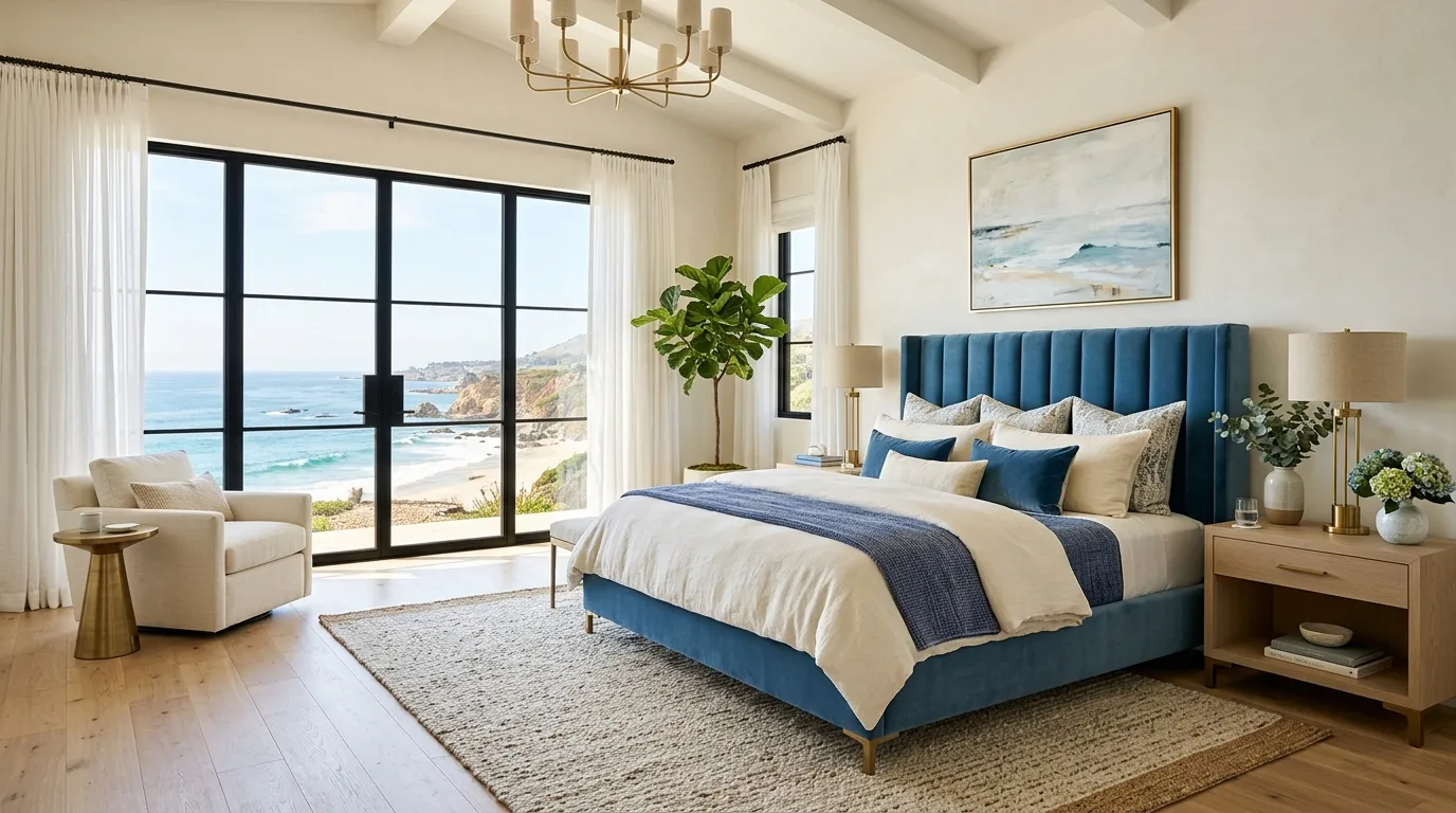 Ocean-Toned Velvet Bed