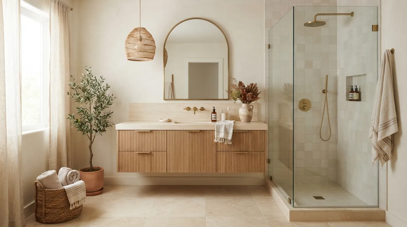 boho bathroom remodel ideas Brushed Brass Fixtures