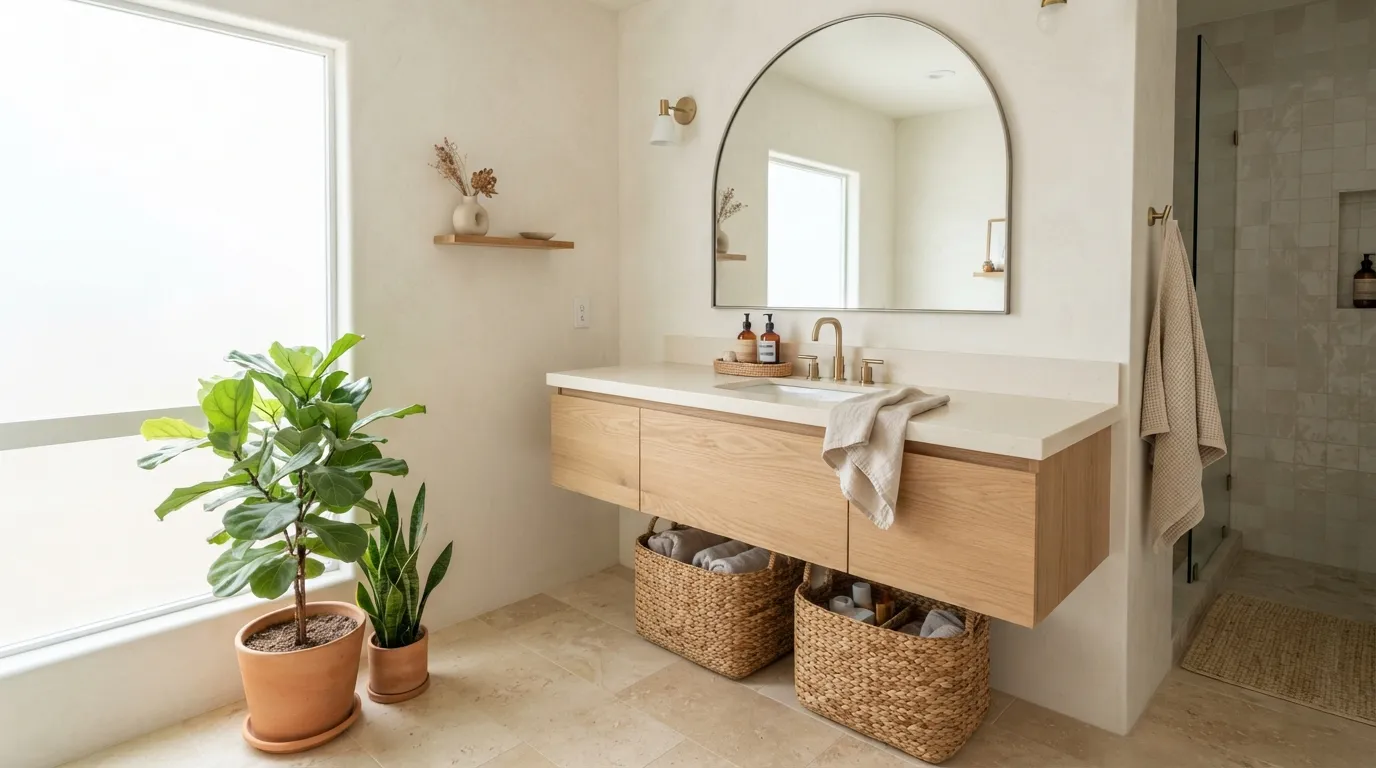 boho bathroom remodel ideas Floating Oak Vanity