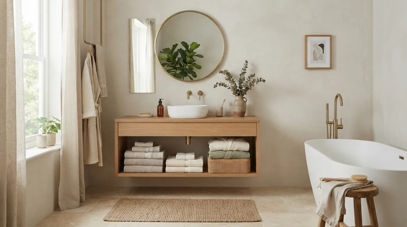 boho bathroom remodel ideas Layered Linen Textiles
