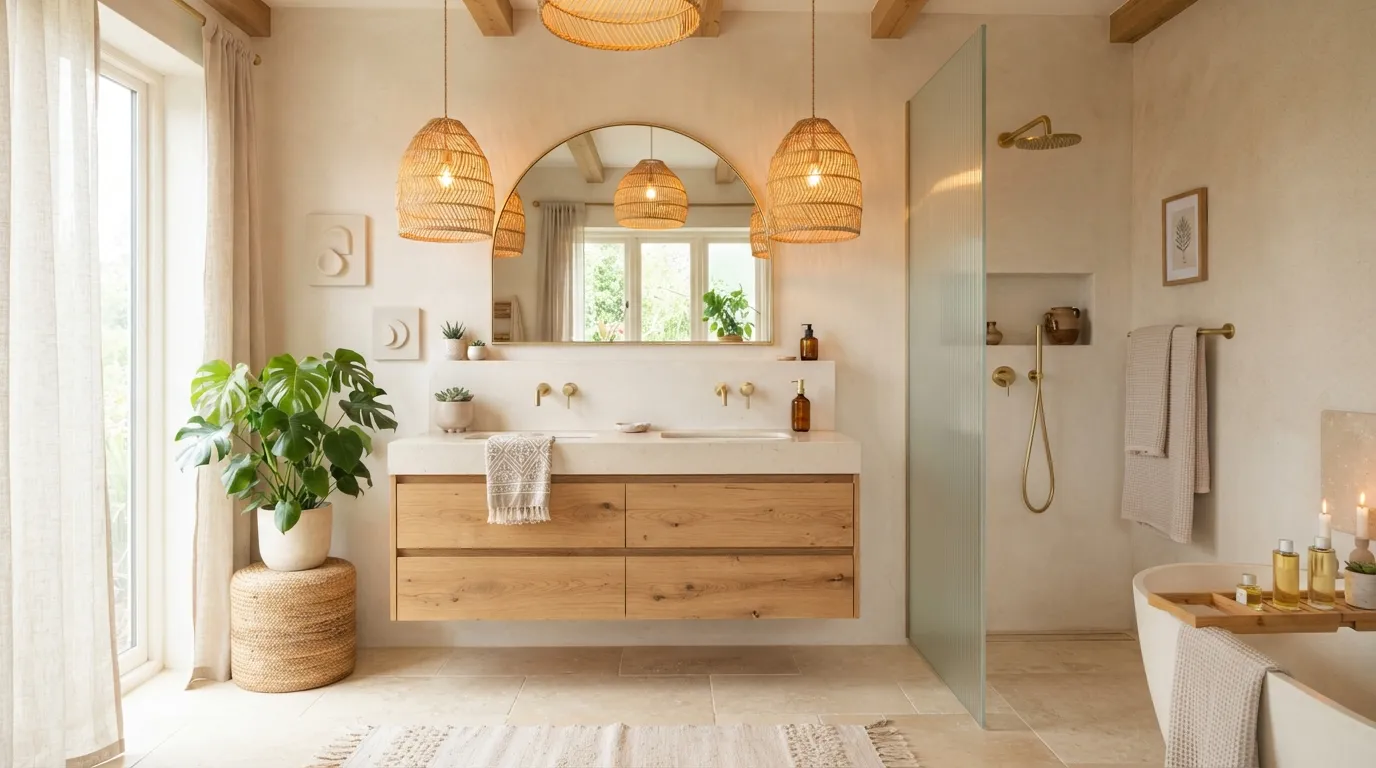boho bathroom remodel ideas Layered Woven Lighting
