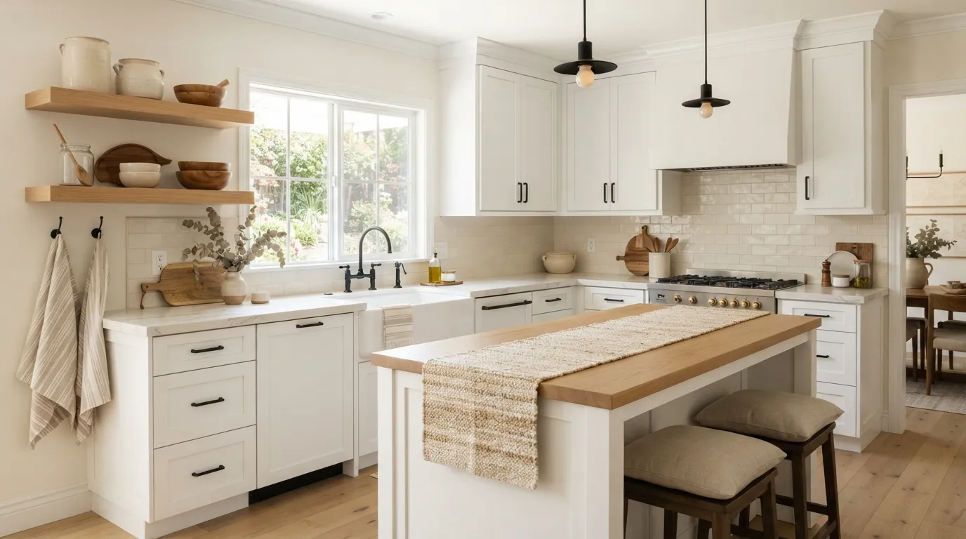 farmhouse kitchen decor ideas Layered Neutral Textiles