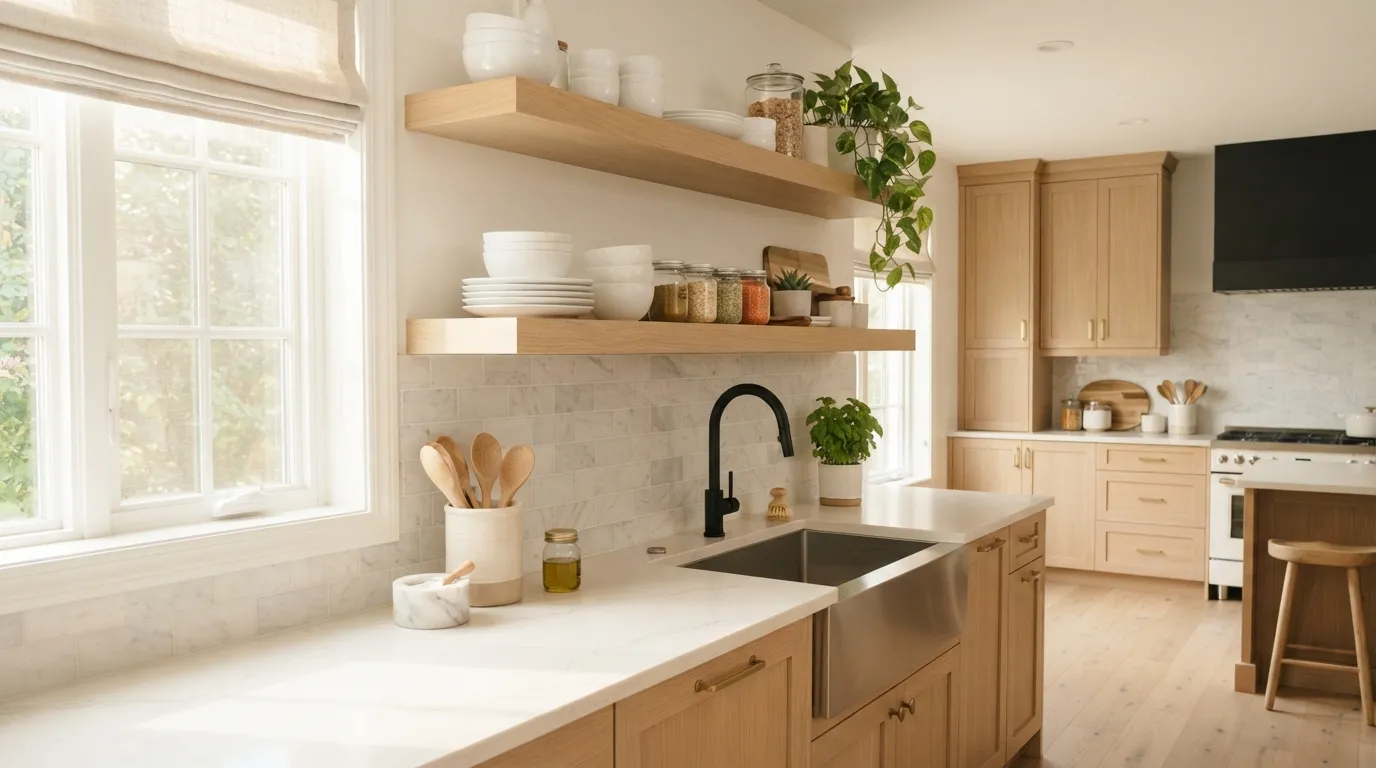 farmhouse kitchen decor ideas Natural Wood Shelves