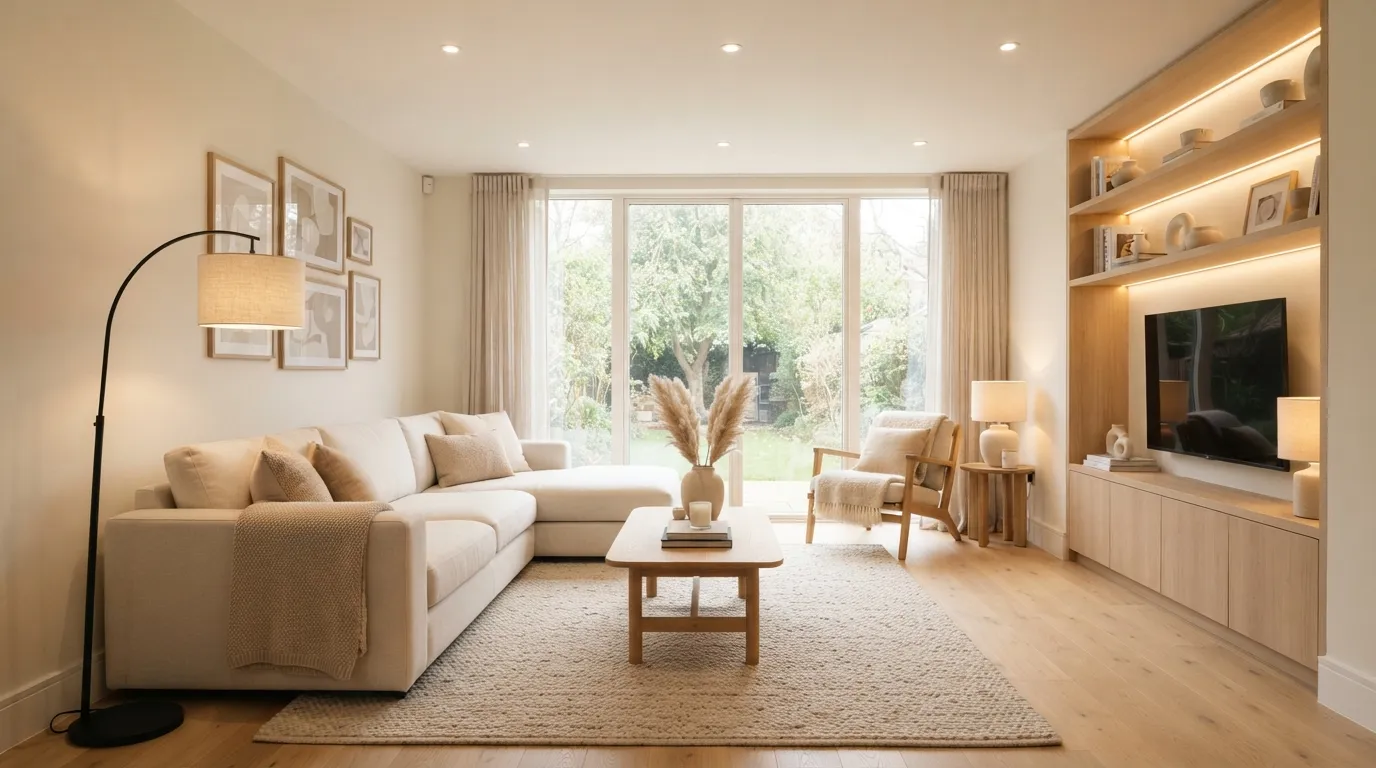 living room clean style ideas Soft Layered Lighting
