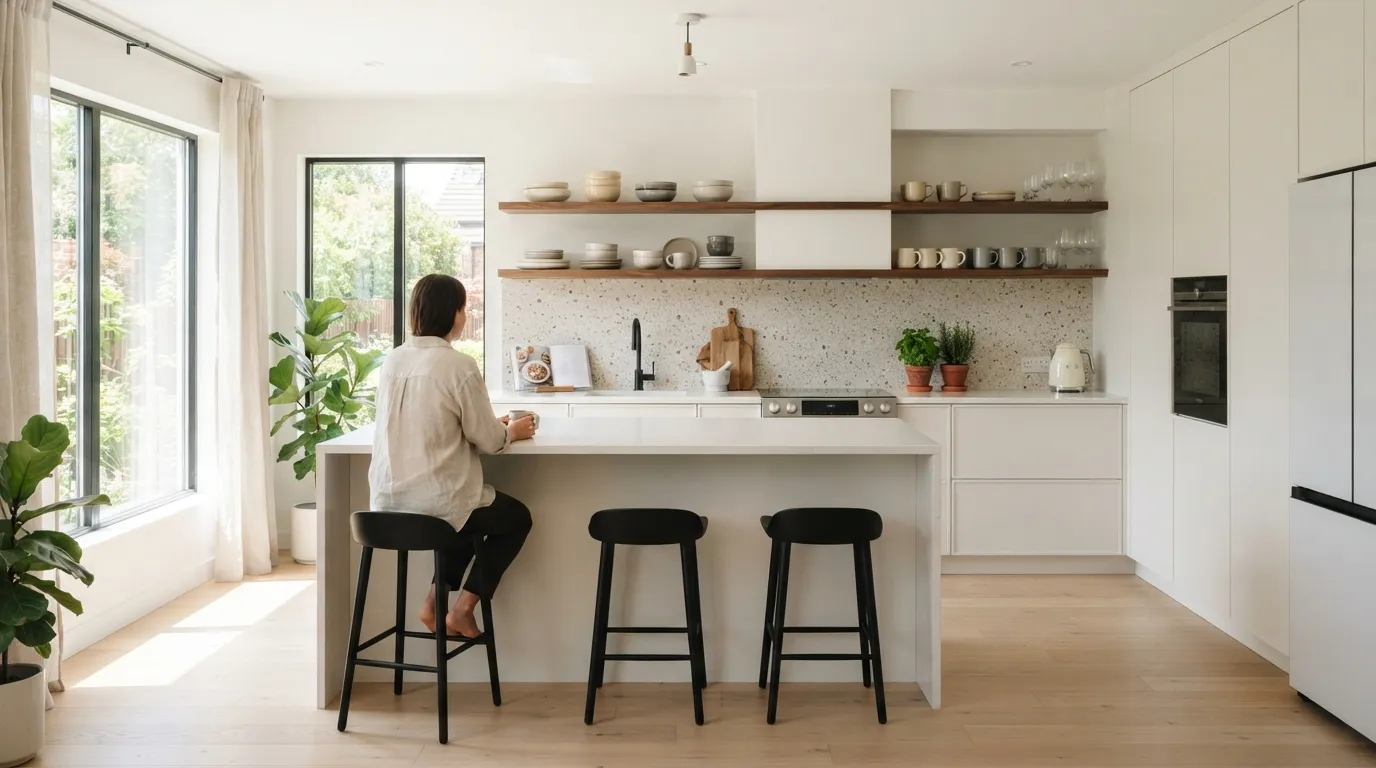 mid century modern kitchen design ideas Open Wood Shelving