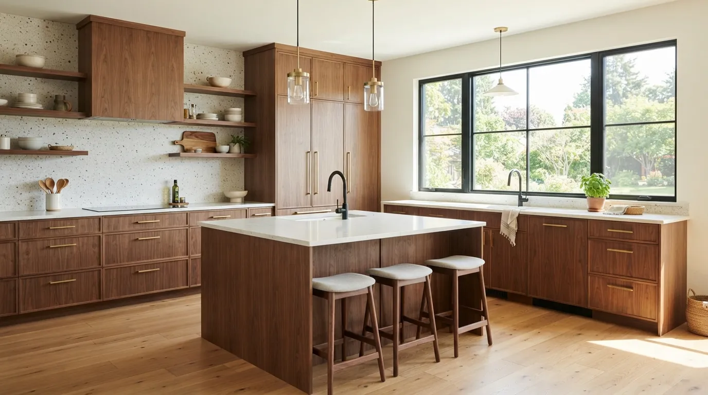 mid century modern kitchen design ideas White Quartz Counters
