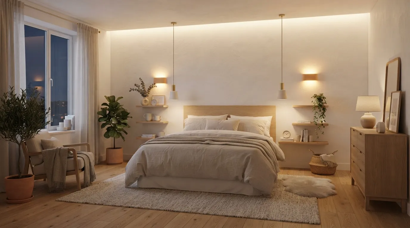 minimalist bedroom design ideas Soft Layered Lighting