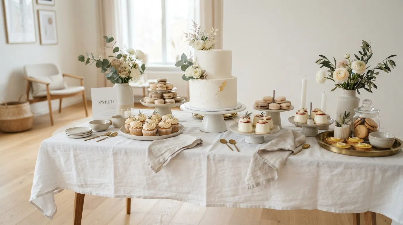 minimalist decor for birthday elegant setup Monochrome Dessert Table