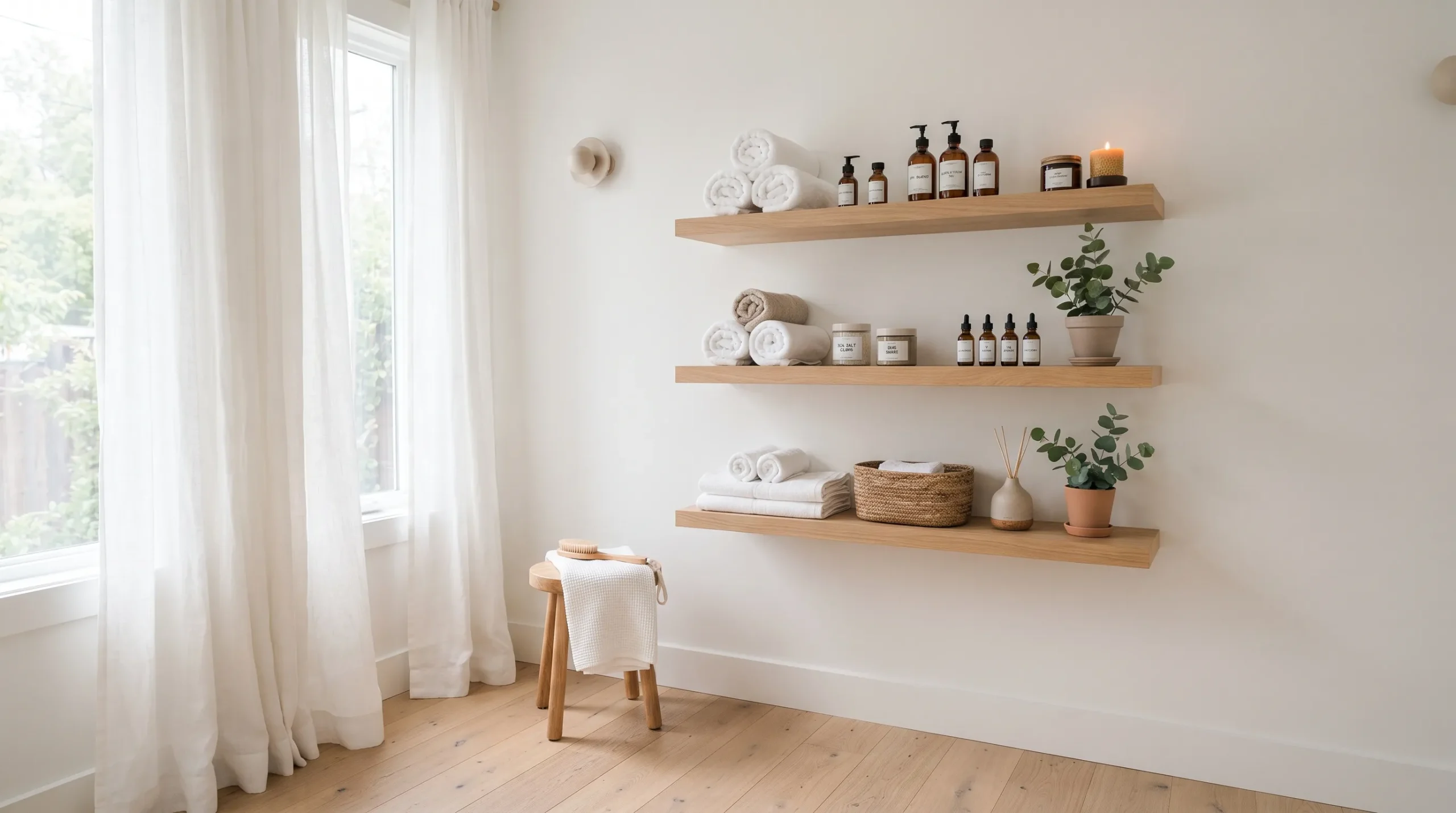 minimalist spa room decor Floating Wood Shelves