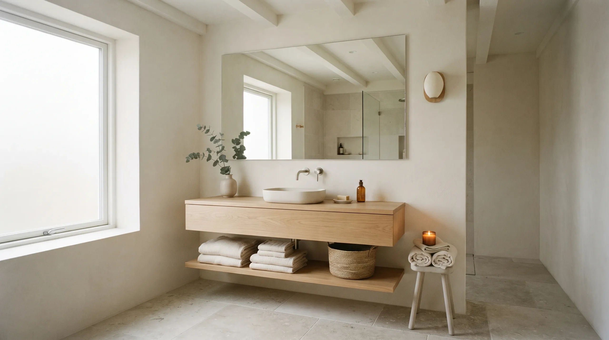 minimalist spa room decor Floating Wood Vanity