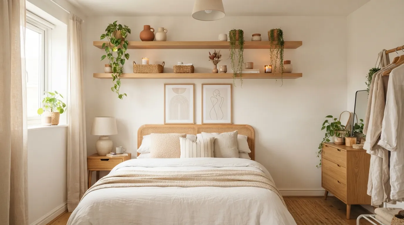 small boho bedroom makeover Floating Wood Shelves