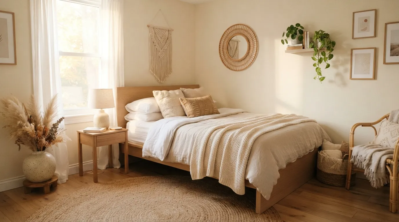 small boho bedroom makeover Layered Neutral Bedding