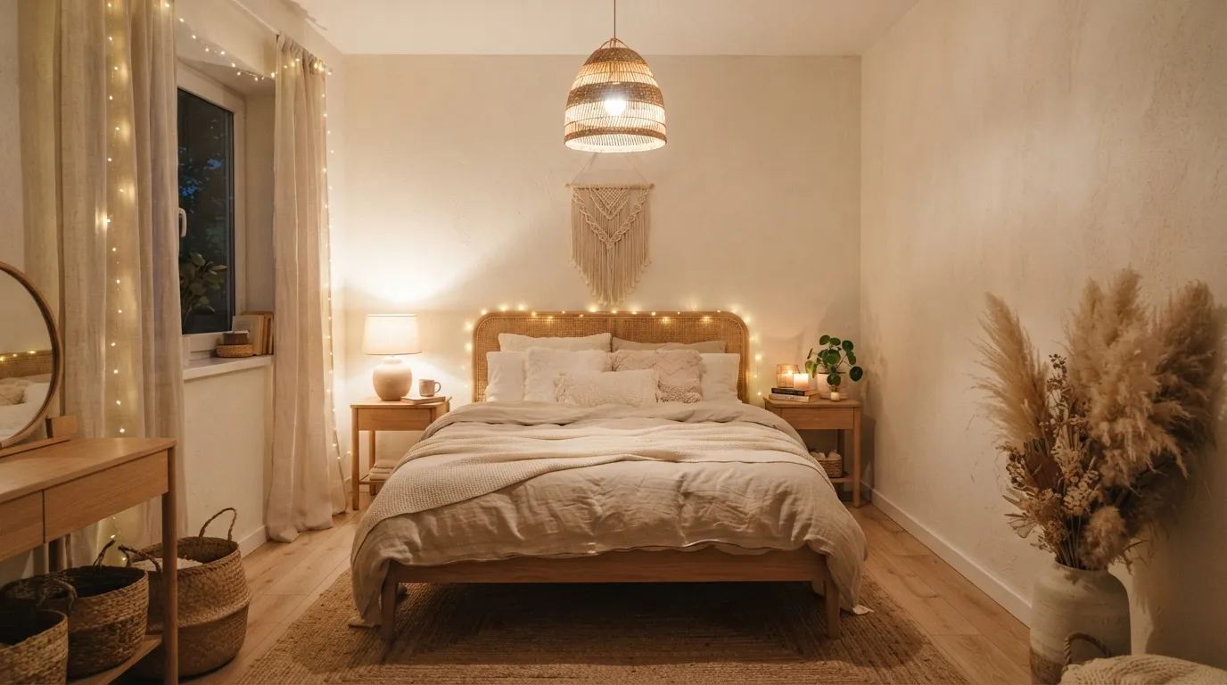small boho bedroom makeover Warm Ambient Lighting