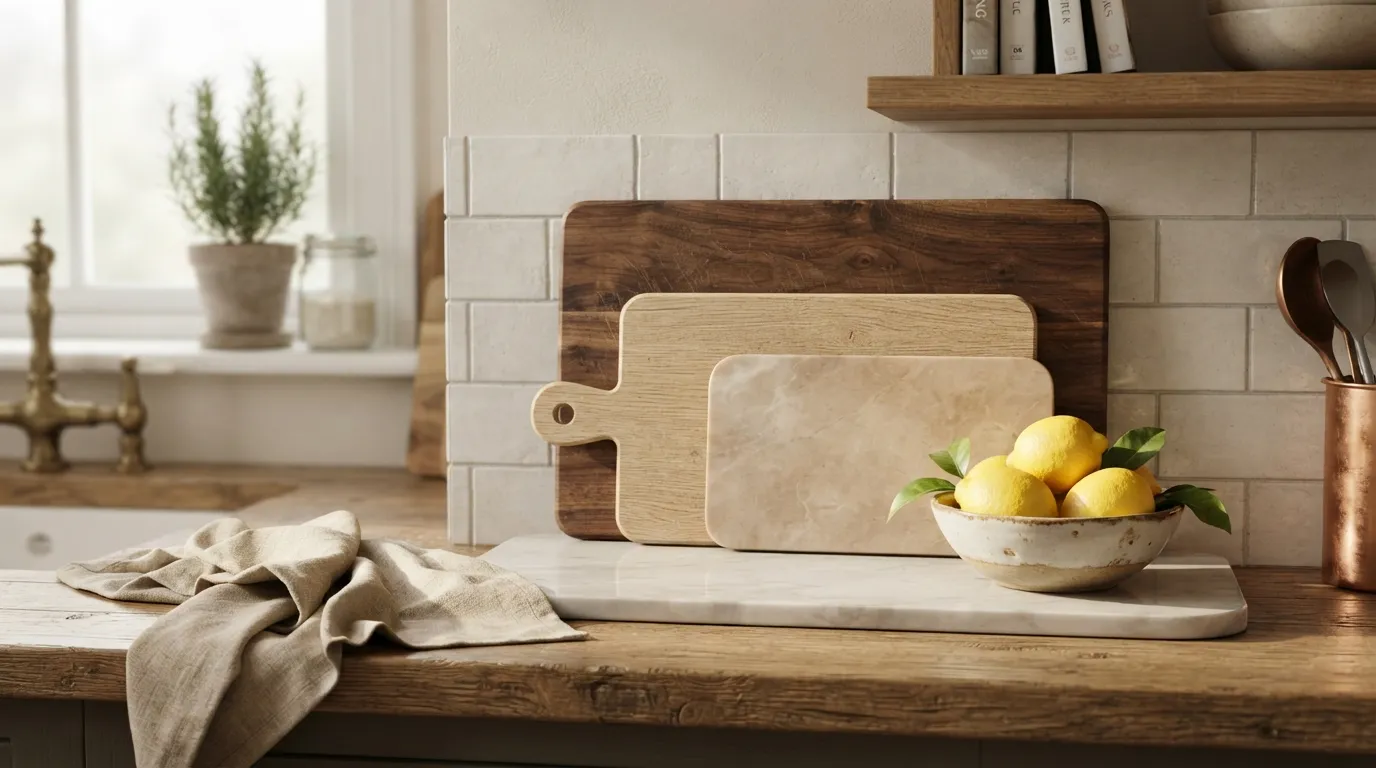 aesthetic kitchen counter decor ideas Layered Cutting Boards