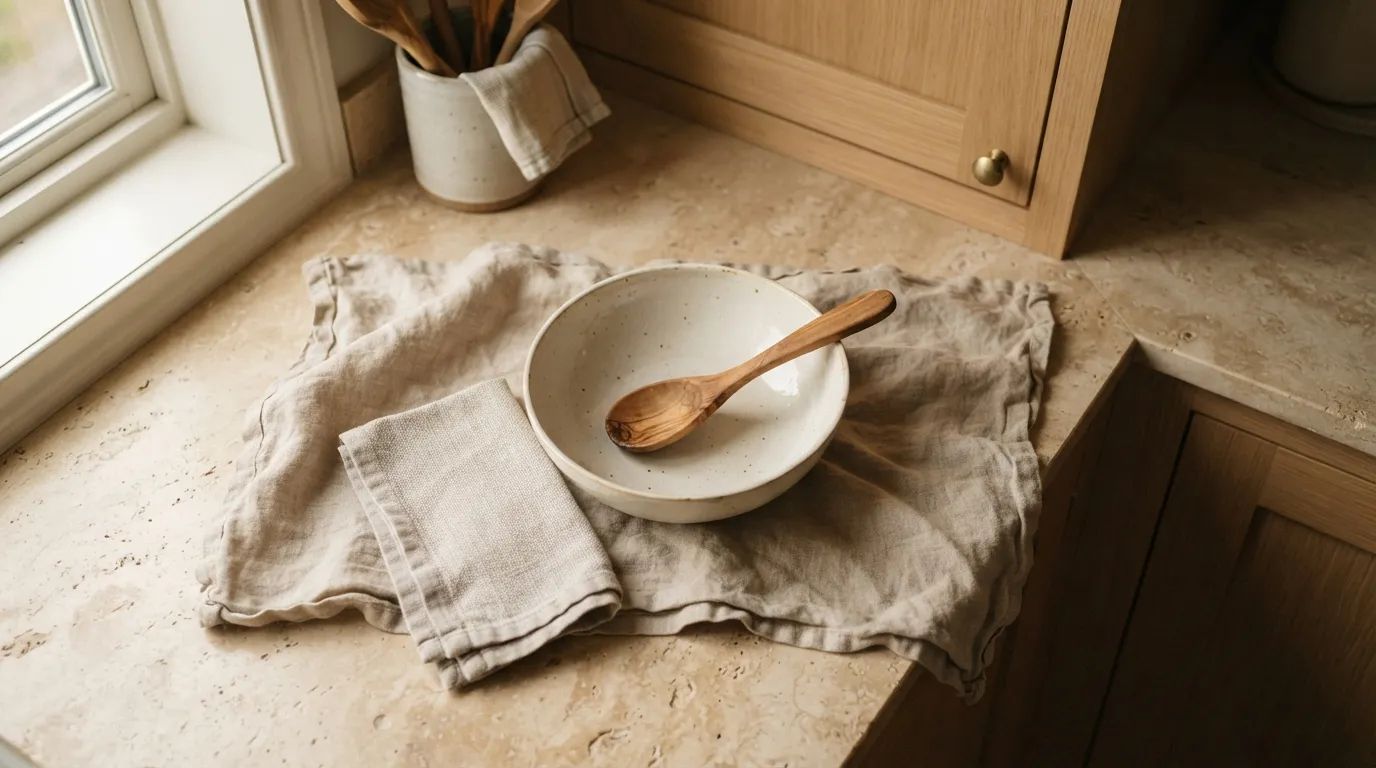 aesthetic kitchen counter decor ideas Textured Linen Layers