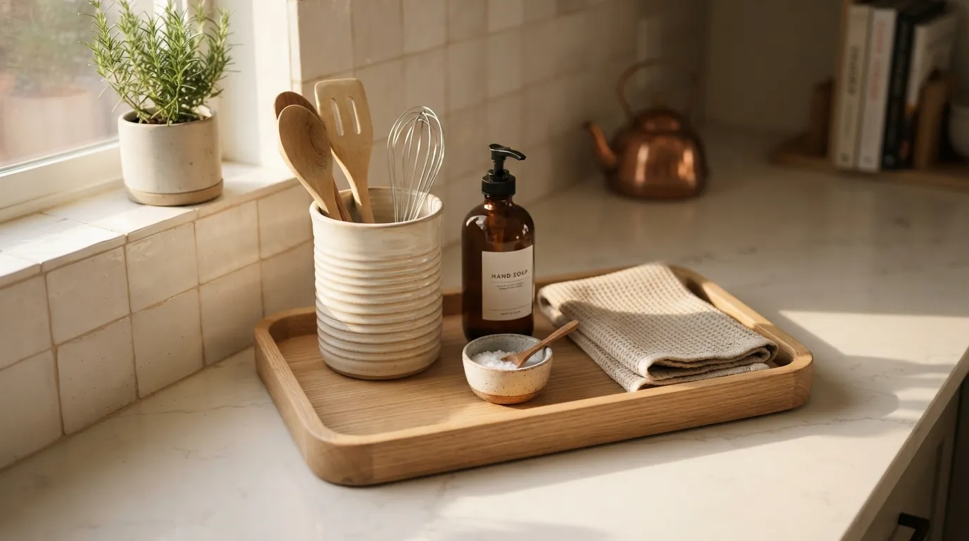 aesthetic kitchen counter decor ideas Wooden Tray Styling