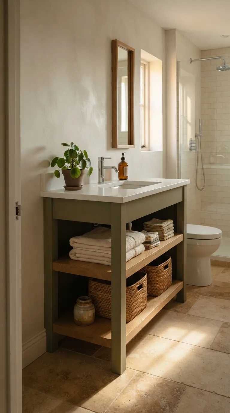 bathroom vanity ideas on a budget Add Open Shelving Below the Sink