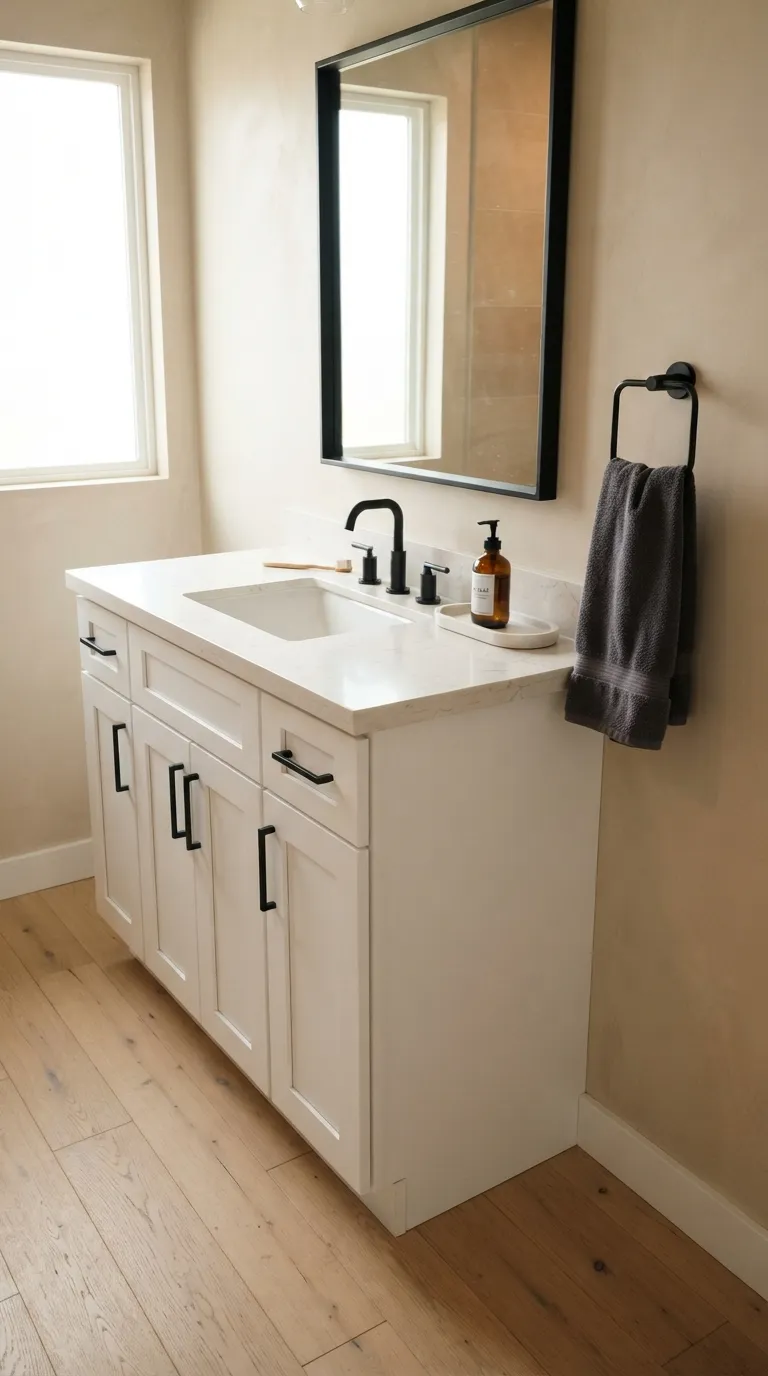 bathroom vanity ideas on a budget Pair a White Vanity With Dark Hardware