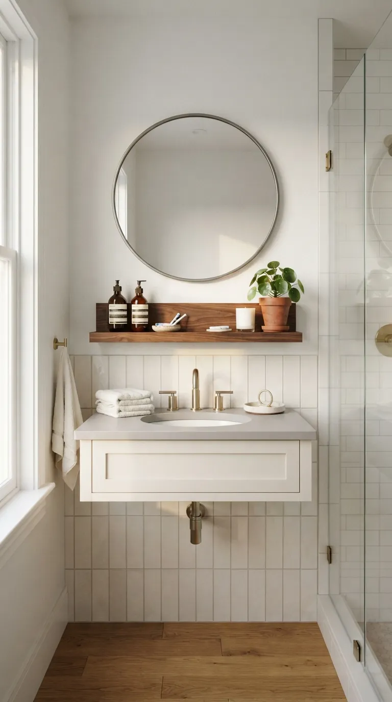 bathroom vanity ideas on a budget Use a Floating Shelf for Extra Vanity Storage