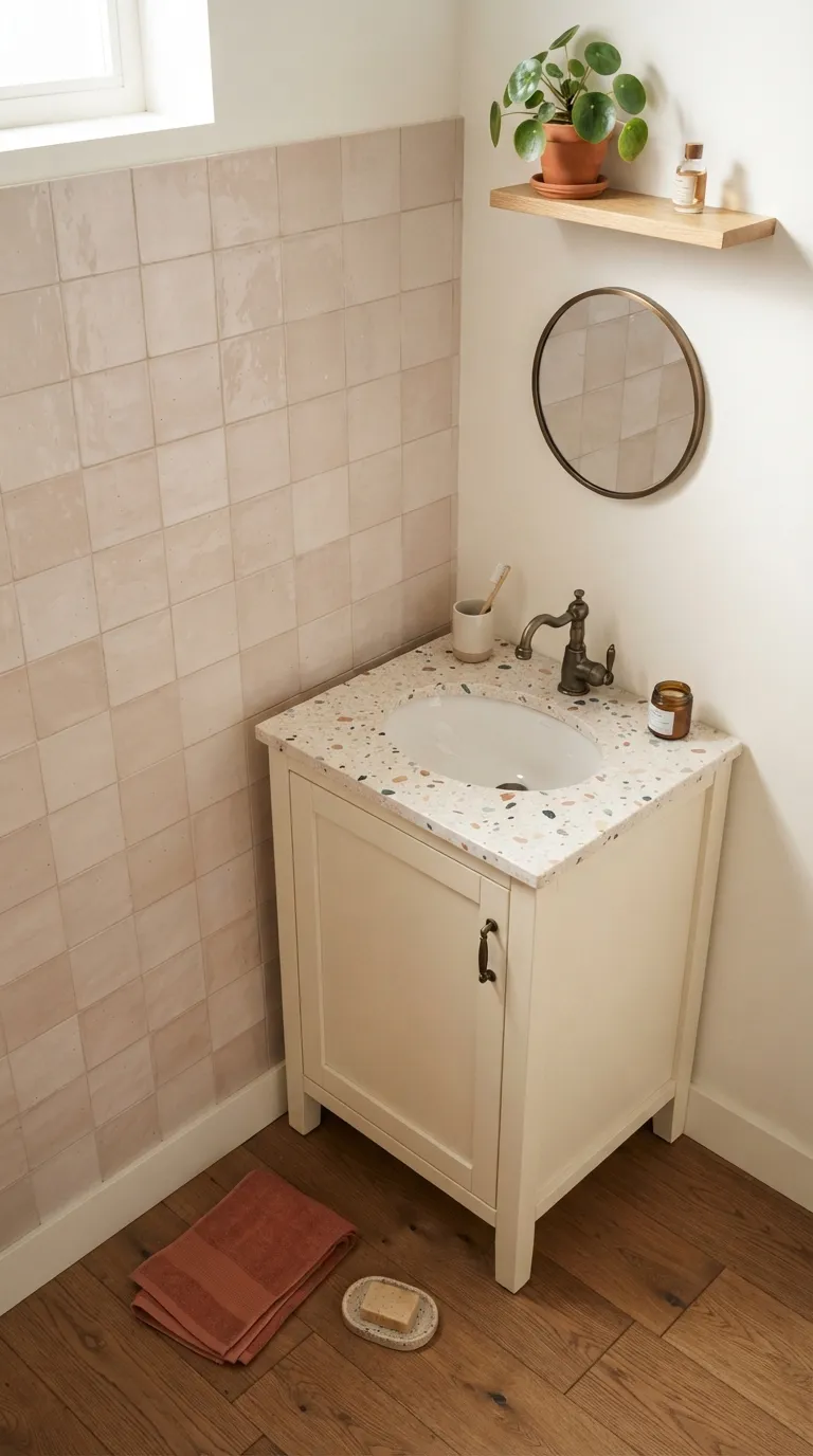 bathroom vanity ideas on a budget Use Peel-and-Stick Tile Behind the Vanity