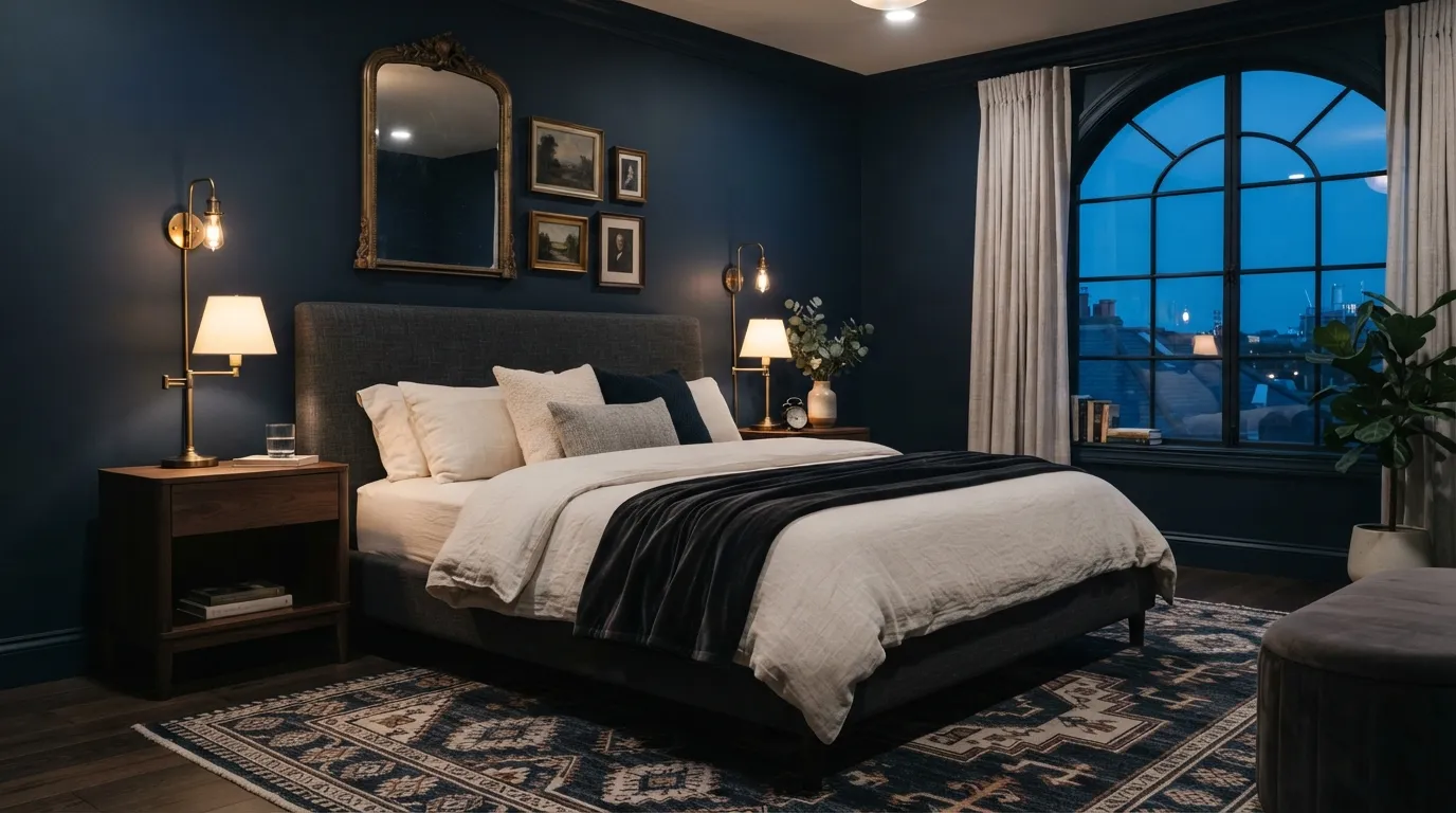 bedroom color trends Deep Navy Contrast