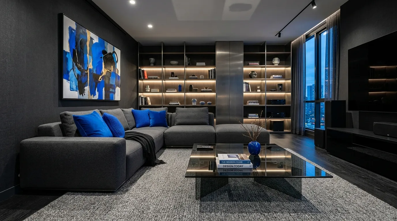 bold color combinations for home decor Charcoal and Electric Blue