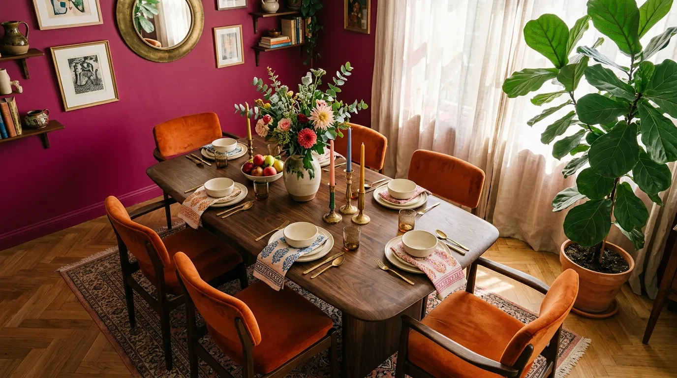 bold color combinations for home decor Magenta and Burnt Orange