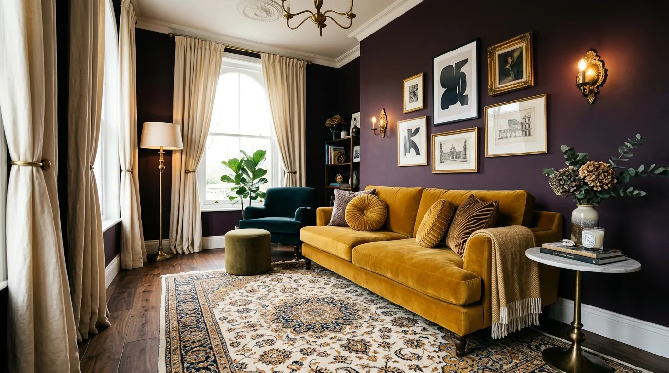 bold color combinations for home decor Plum and Mustard