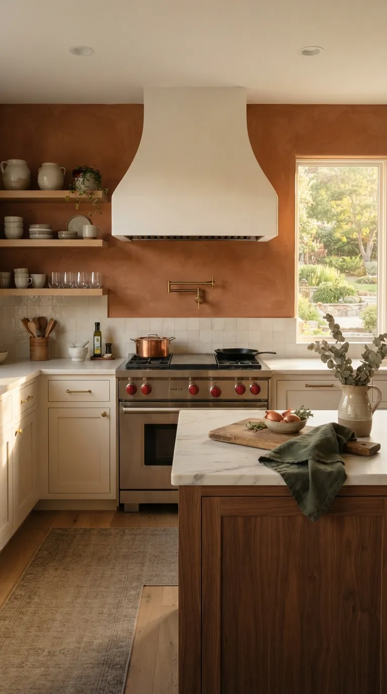bold kitchen color ideas Burnt Orange Accent Wall Behind the Range