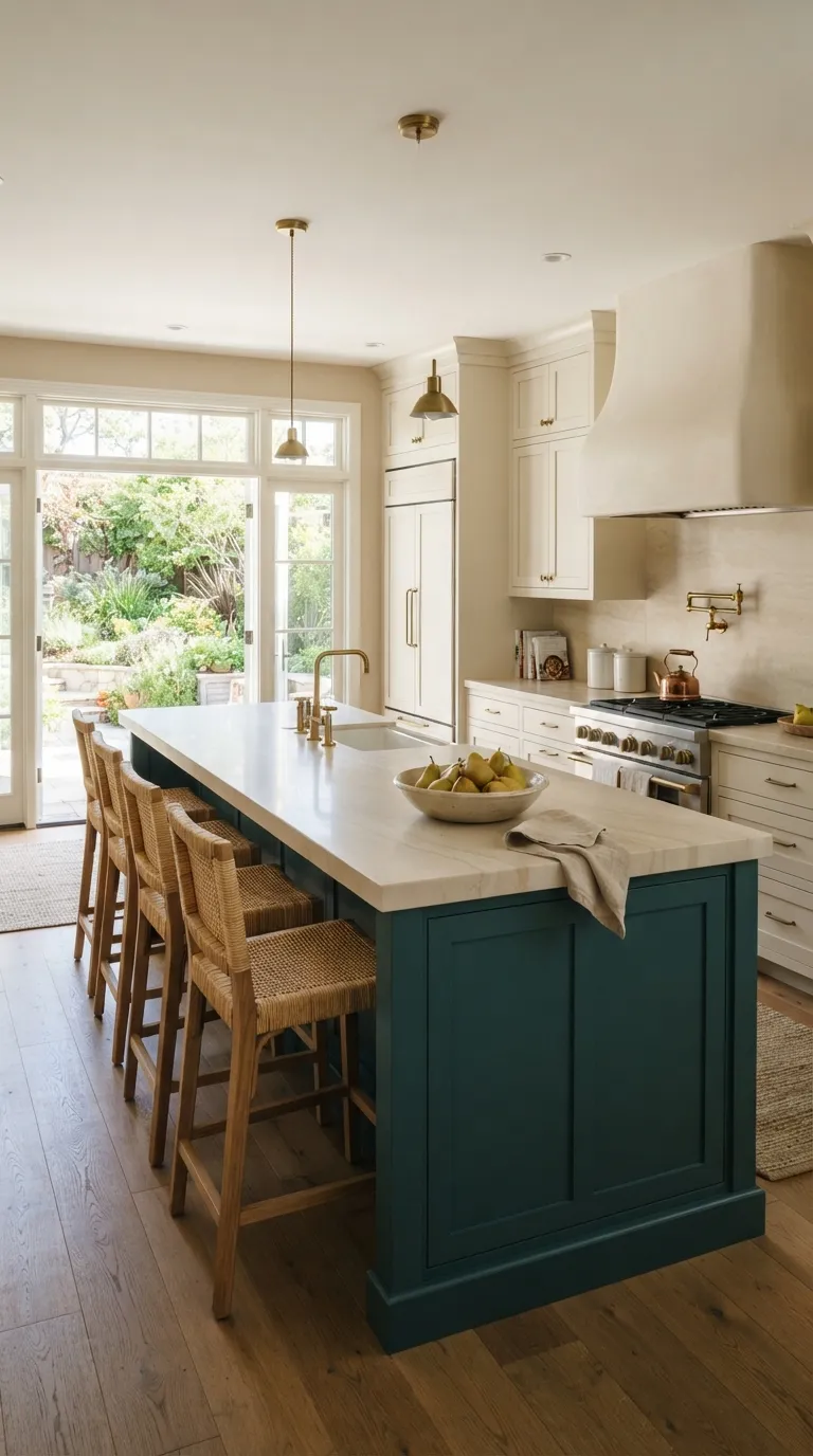bold kitchen color ideas Deep Teal Island With Neutral Cabinets