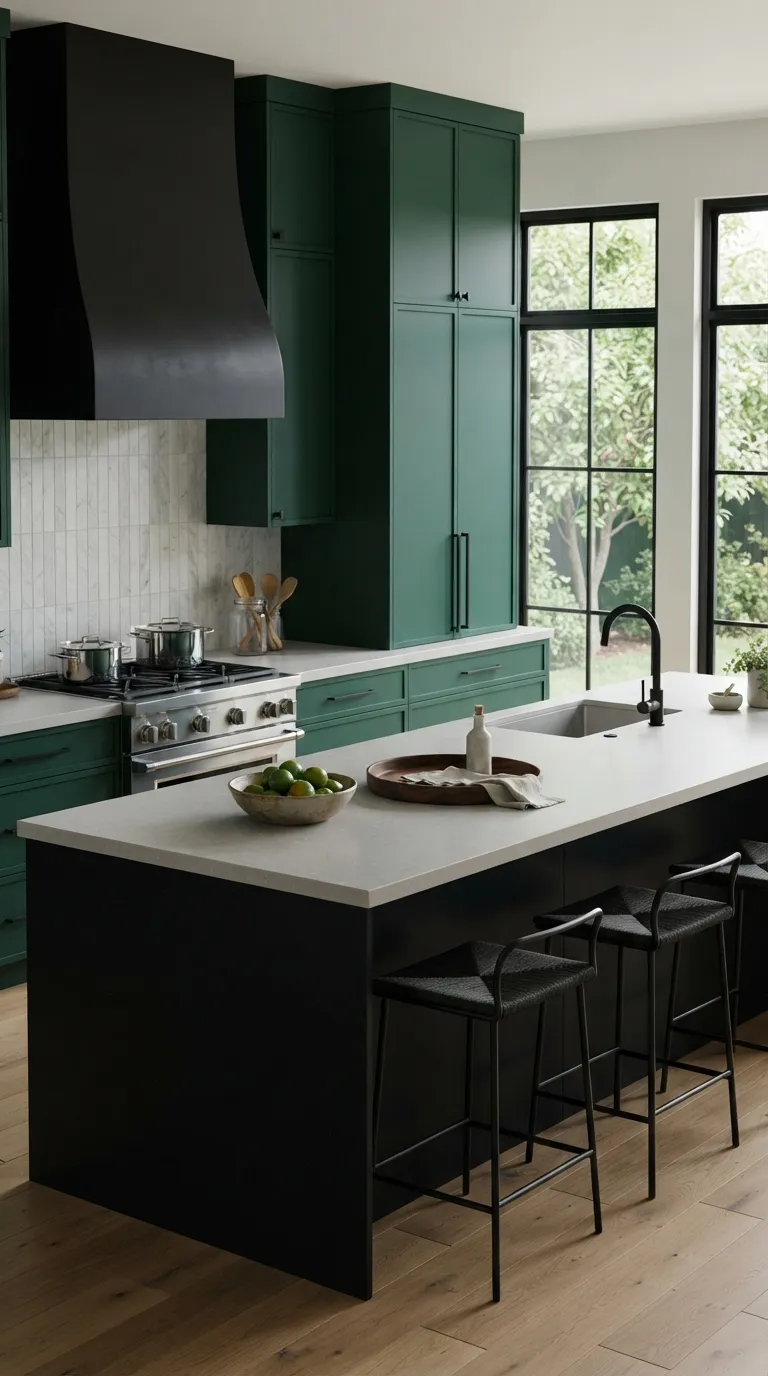 bold kitchen color ideas Emerald Green Cabinets With Black Details