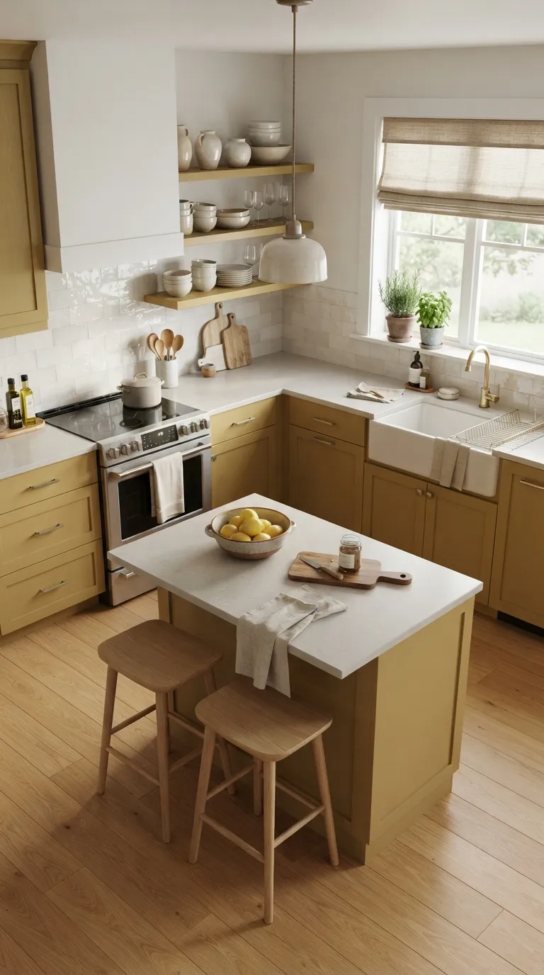 bold kitchen color ideas Mustard Yellow Cabinets With White Tile