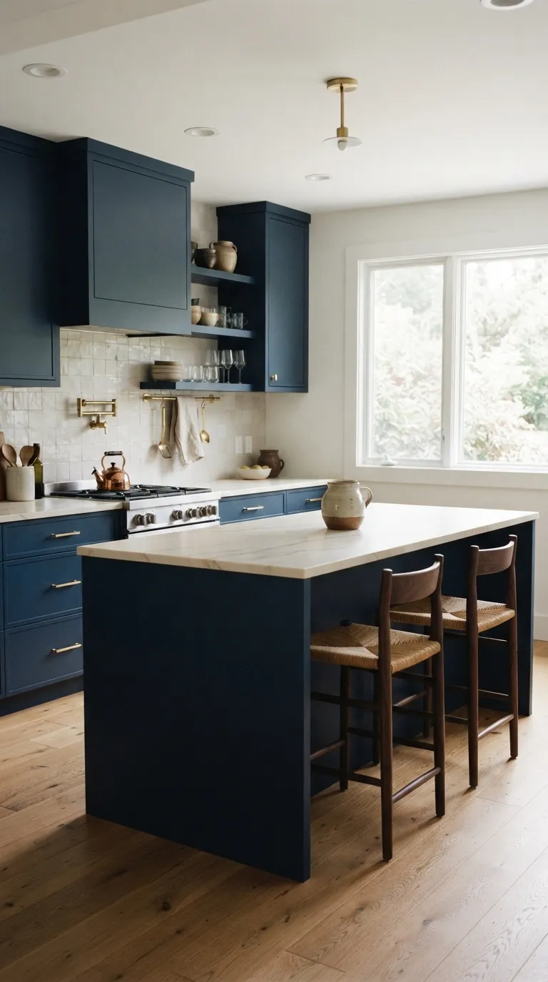 bold kitchen color ideas Navy Blue Cabinets With Warm Brass