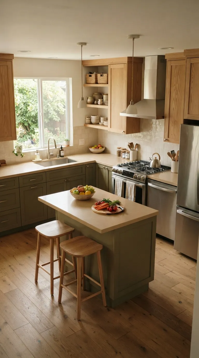 bold kitchen color ideas Olive Green Lower Cabinets With Wood Uppers
