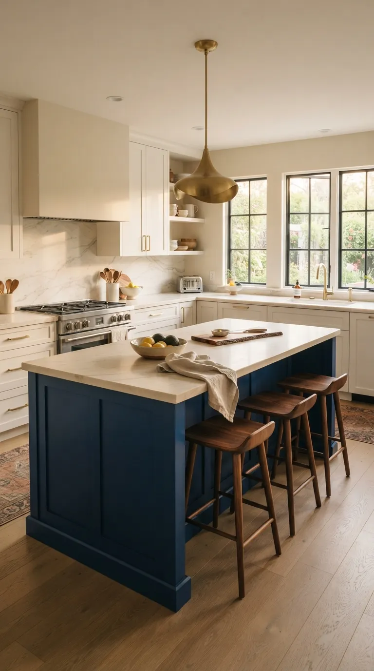 bold kitchen color ideas Royal Blue Island With Warm White Cabinets