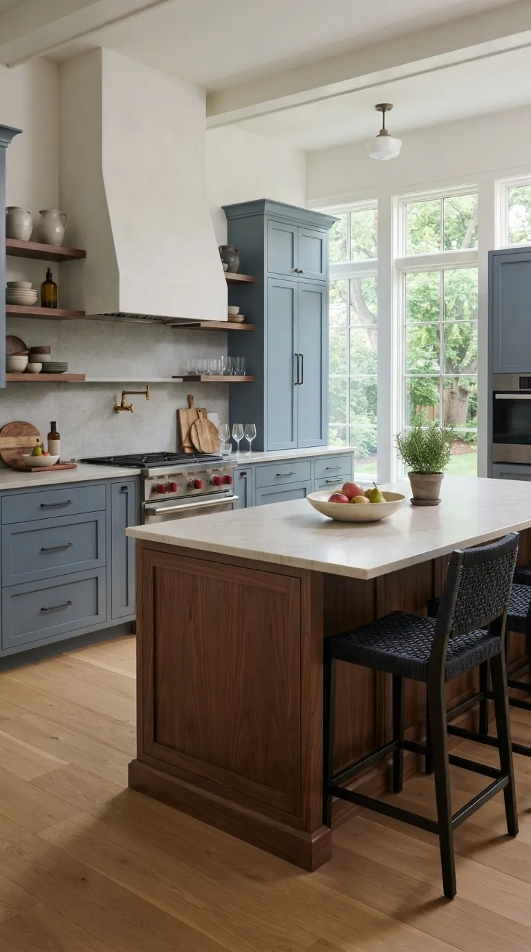 bold kitchen color ideas Slate Blue Cabinets With Natural Walnut
