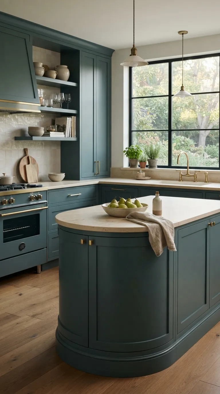 bold kitchen color ideas Teal Cabinets With Creamy Stone Surfaces