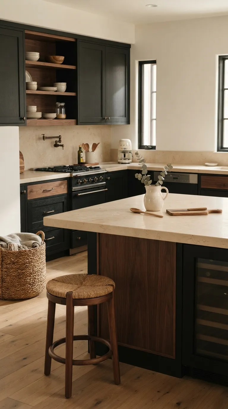 bold kitchen color ideas Warm Black Cabinets With Soft Wood Accents