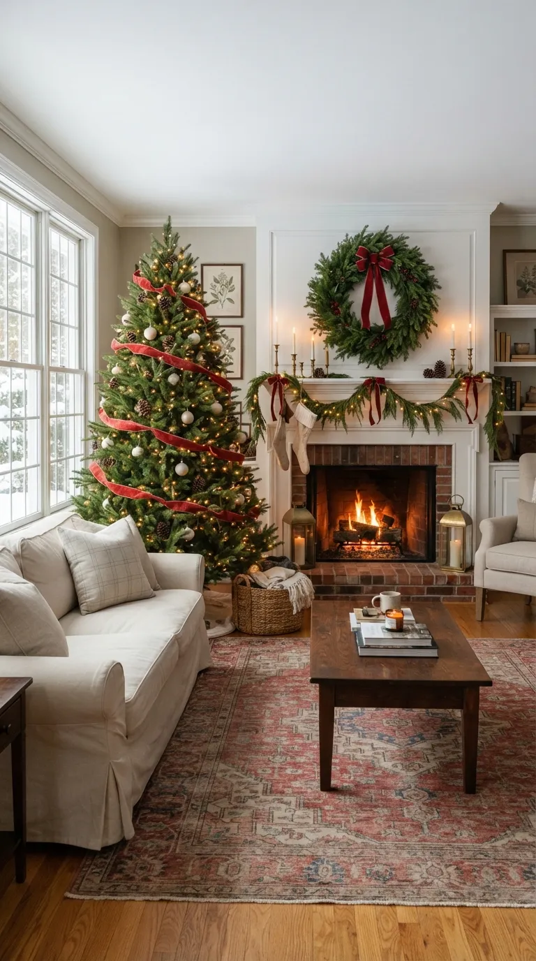 christmas decor ideas for living room Classic Red Ribbon Details