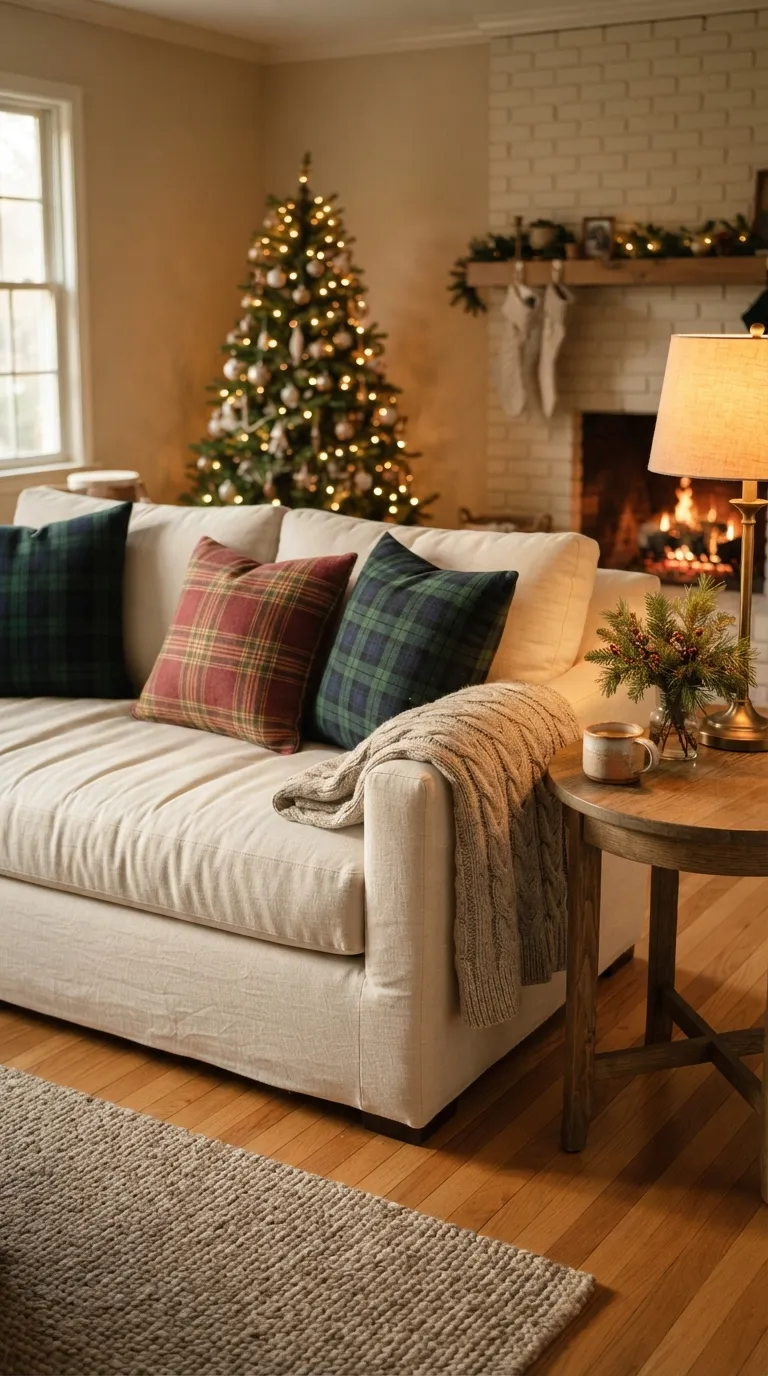 christmas decor ideas for living room Plaid Sofa Layering